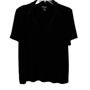 LANE BRYANT SHORT SLEEVE RUFFLED V-NECKLINE BLOUSE, 18/20, BLACK, POINTED COLLAR